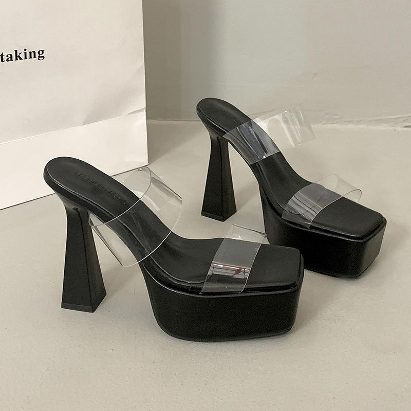 Прозрачные шлепанцы с квадратным носком и толстой подошвой, женские летние шлепанцы на толстом каблуке, водонепроницаемые, для стола, для маленького человека, увеличивающие рост, супервысокие каблуки