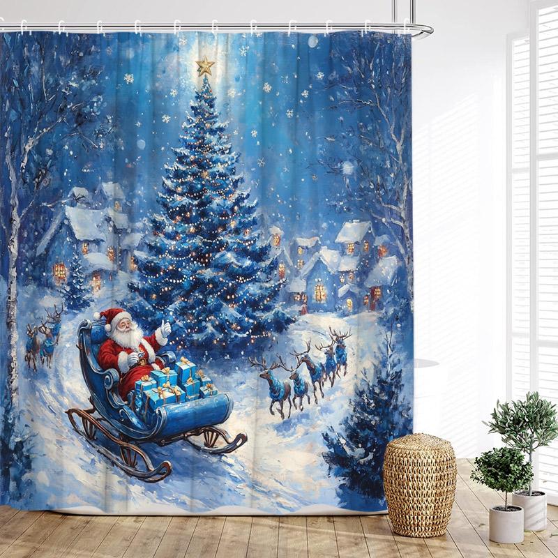 Cute Snowman Shower Curtain Winter Forest Pine Tree Snowflake New Year Christmas Bath Curtains Fabric Bathroom Decor With Hook