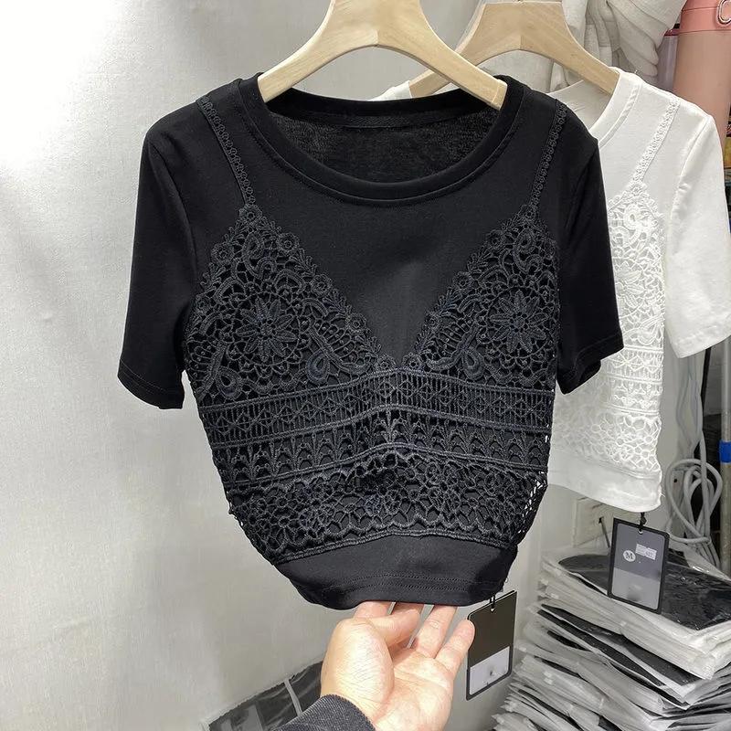 WTEMPO Корейские летние однотонные рубашки женские повседневные с круглым воротником тонкие винтажные с коротким рукавом из чистого хлопка кружевные укороченные топы