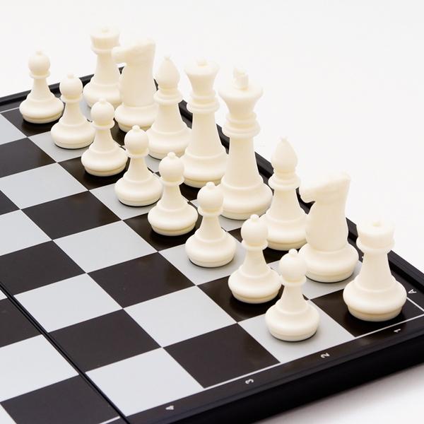 Portable 2-in-1 Chess & Checkers Set with Folding Magnetic Board - Size Medium (Black & White)