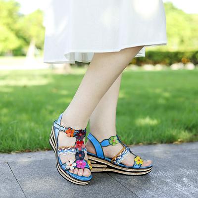 Расписные тапочки ручной работы для женщин, свободные пляжные сандалии с круглым носком в этническом стиле в стиле ретро с цветами