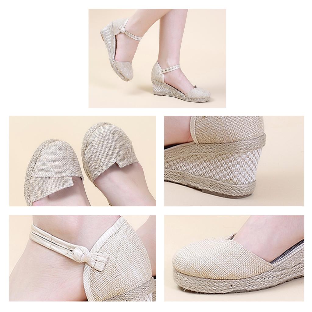Womens Sandalias Wedges Comfortable Pointed Hemp Rope Weaving Casual Shoes