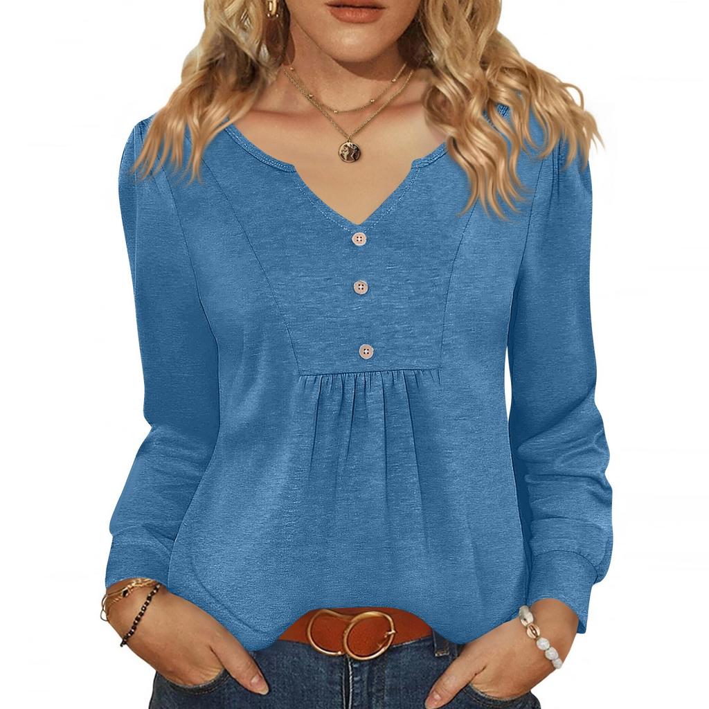 Women's Fashionable Casual V-neck Blouse Button Long-sleeved Pullover T-shirt Top