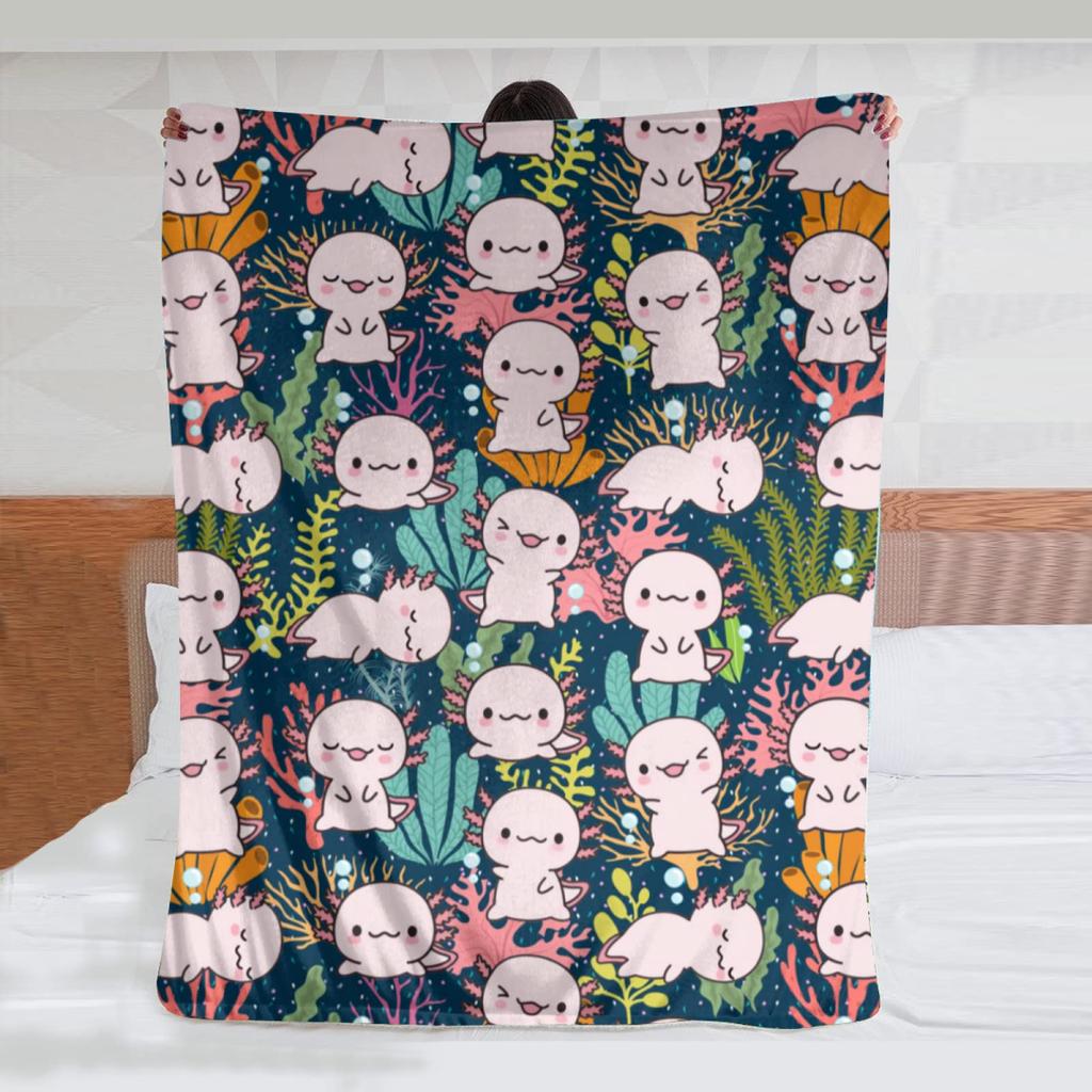 Cartoon Axolotl Blanket Kawaii Ocean Animal Throw Blankets for All Season Seaweed Aquarium Soft Flannel Sofa Blanket for Kids