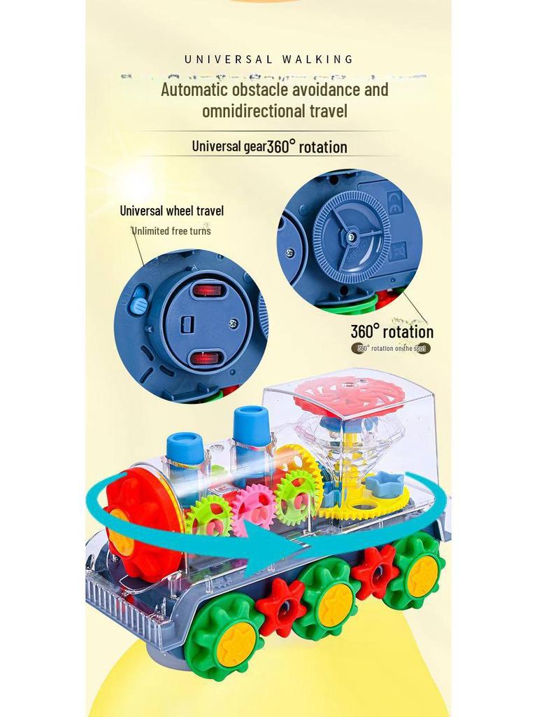Transparent Musical Rotating Locomotive Toy with Universal Driving and Gear Linkage