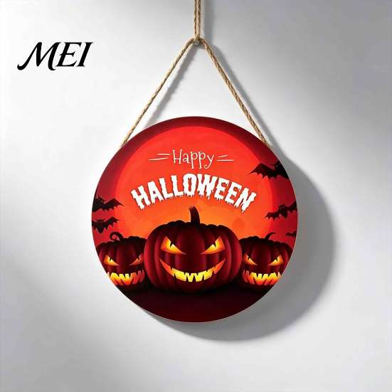 Decorative Round Hanging Sign Halloween Wall Pendant, with Pumpkin And Witch Silhouette, Wooden Retro Style Seasonal Door Ornament Sign, for