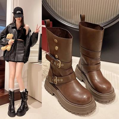 Модная обувь для женщин 2024 года, удобные и универсальные, стильные, повседневные, до середины икры, модные, с круглым носком, женские, на толстой подошве