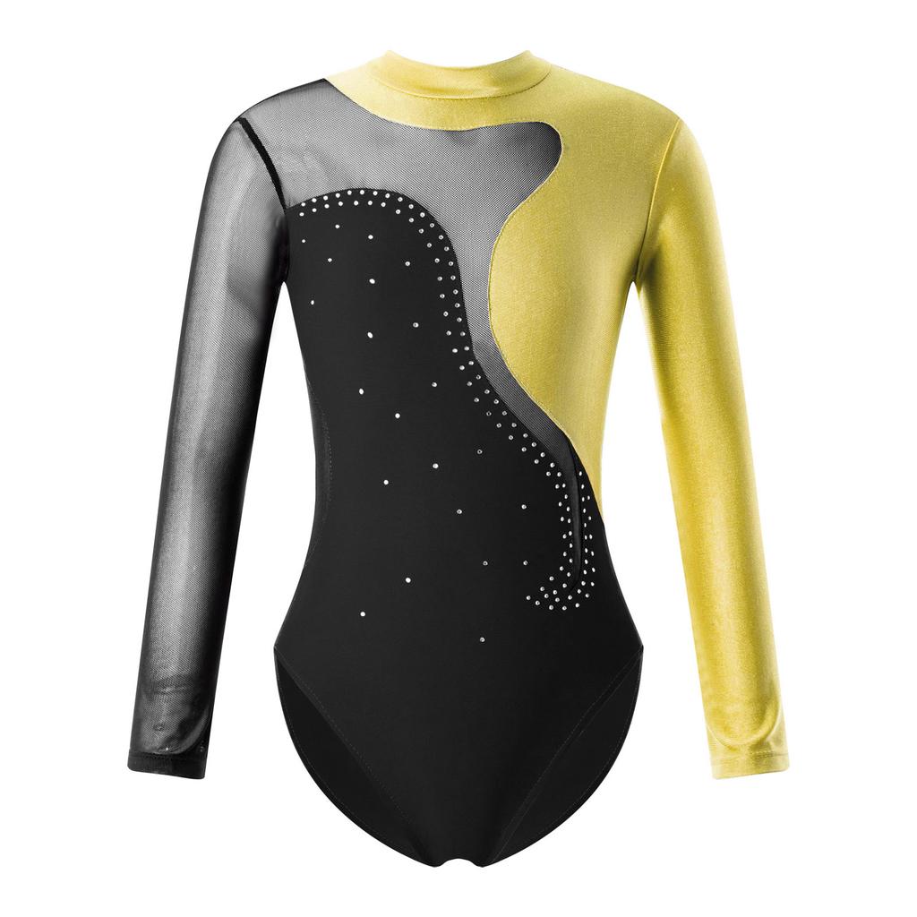 Детский комбинезон с круглым воротником и длинными рукавами для девочек, блестящий декор со стразами и открытой спиной, купальник для балета и танцев, комбинезон для катания на коньках
