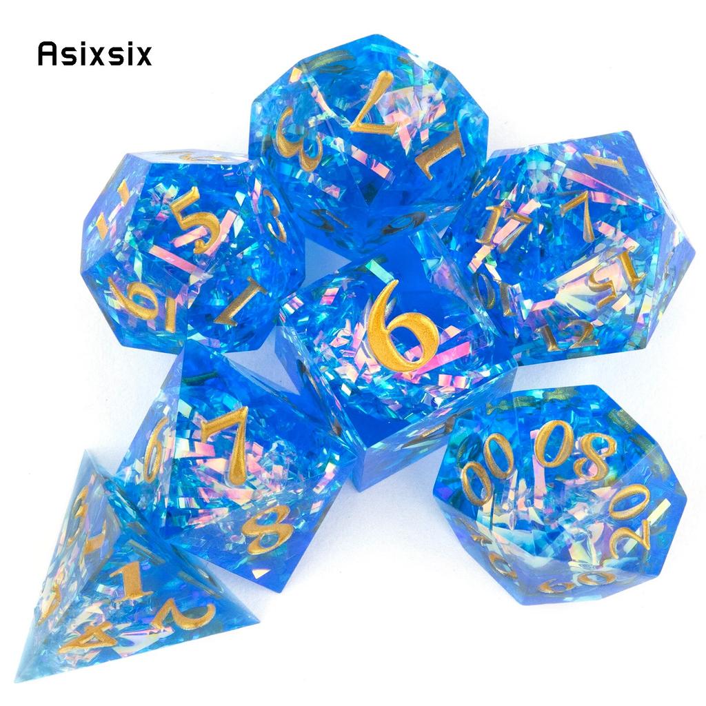 7 Pcs Blue Resin Golden Number Sharp Edge Dice Polyhedral Dice Suitable for Role-Playing RPG Board Game