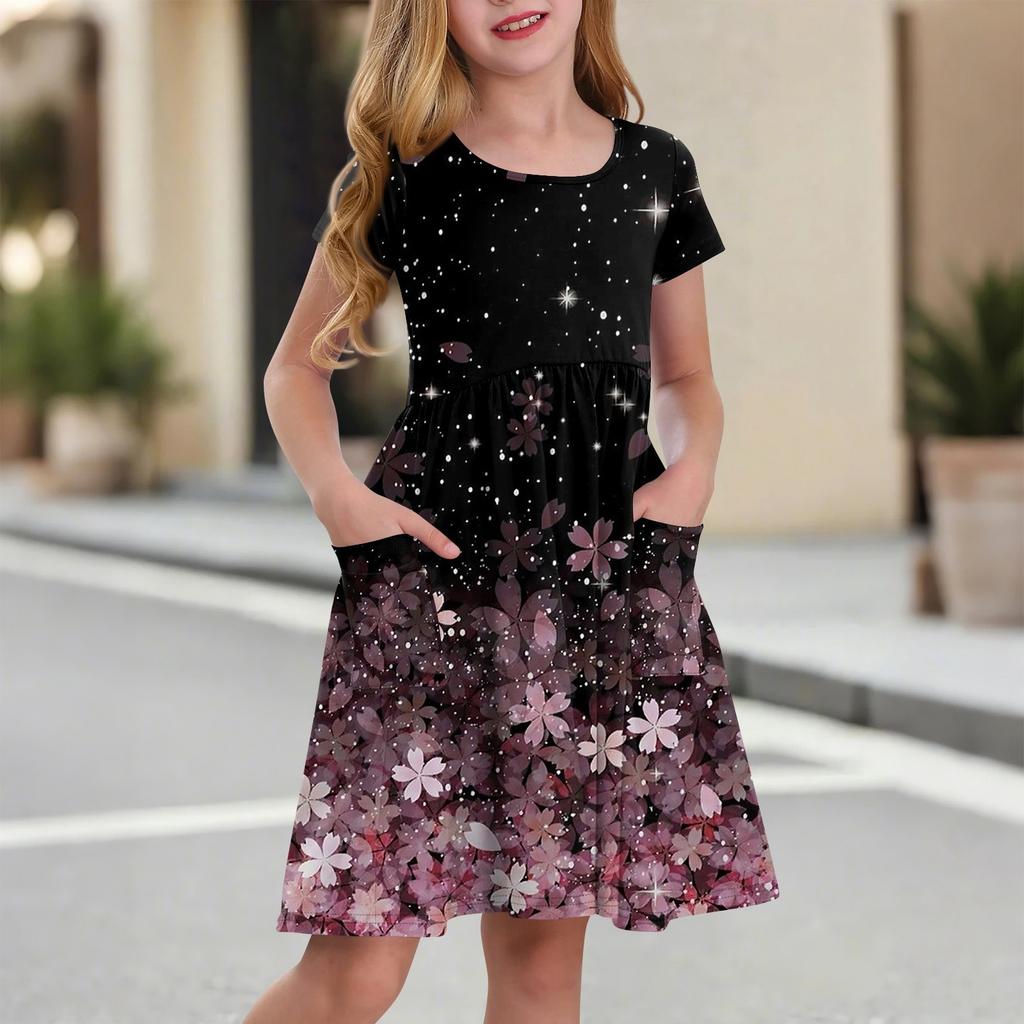 Children's Skirt Round Neck Short Sleeve Princess Dress Fashion Casual Pocket Dress For Girls