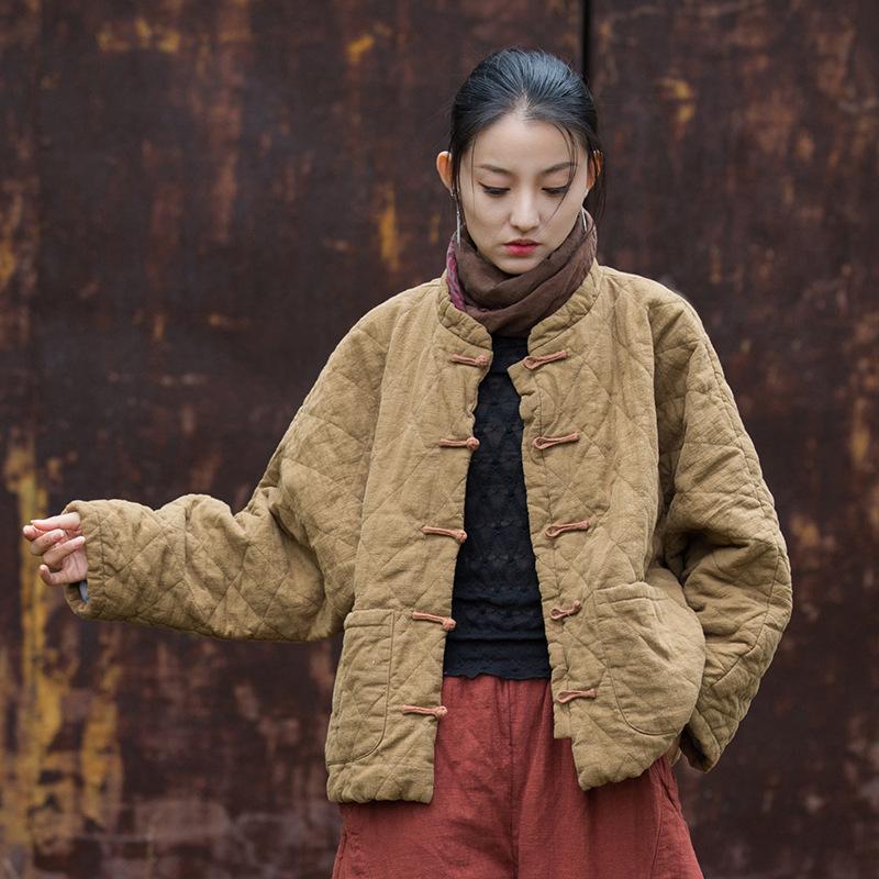 Johnature Женские винтажные зимние пальто с длинным рукавом и пуговицами, однотонные карманы, женские пальто в китайском стиле
