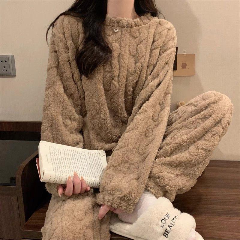 Женский вязаный комплект пижамы из кораллового флиса, теплый, для осени/зимы