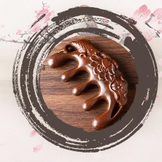 Массажная расческа для кожи головы Yousheng Sandalwood с широкими зубцами, резная рыба-лотос, стимулирующая рост волос, деревянная ручная головка, массажная расческа для всего тела