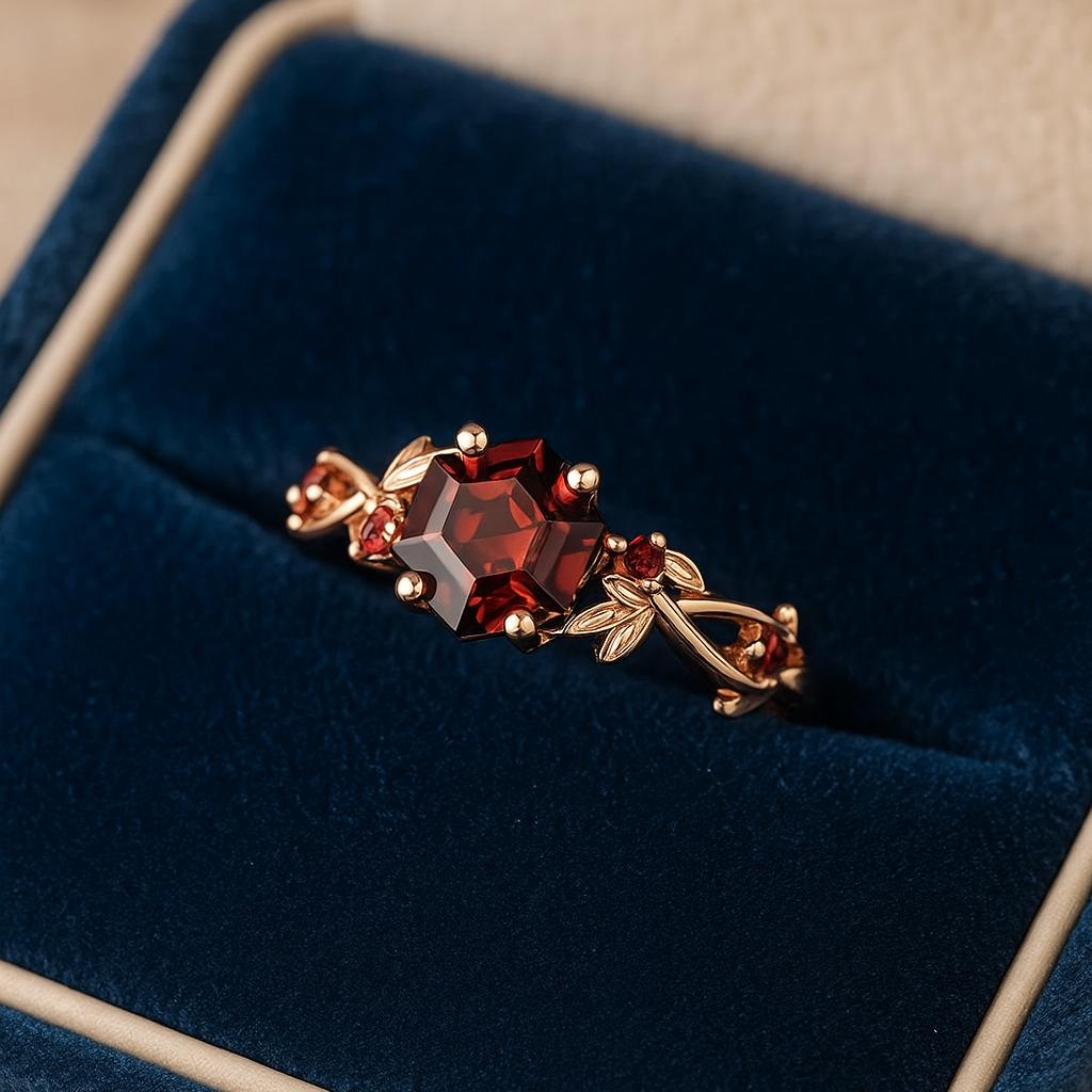 Hexagon Red Garnet CZ Ring, Rose Gold Plated Silver, Leaf Design Vintage Garnet Inspired Engagement Ring for Women