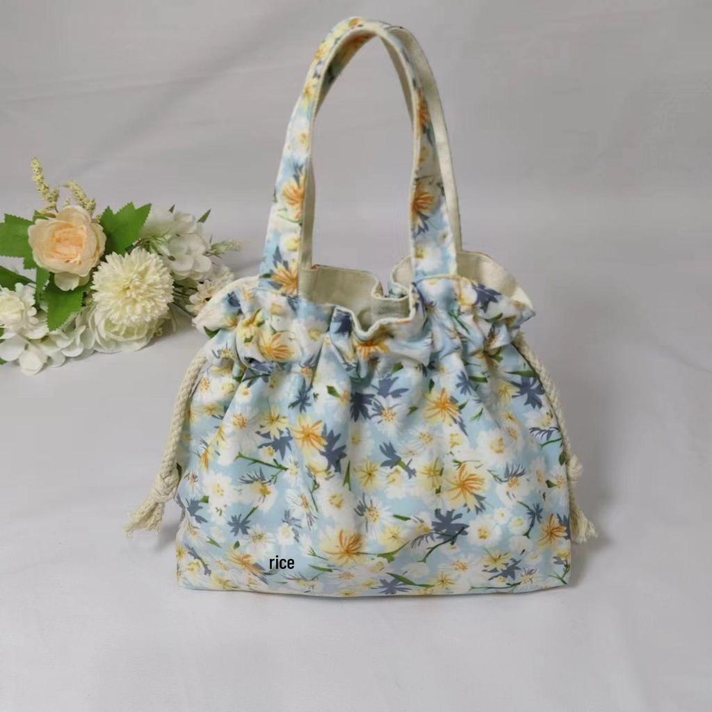 Floral Canvas Drawstring Tote Bag - Compact Lunch & Handbag for Women