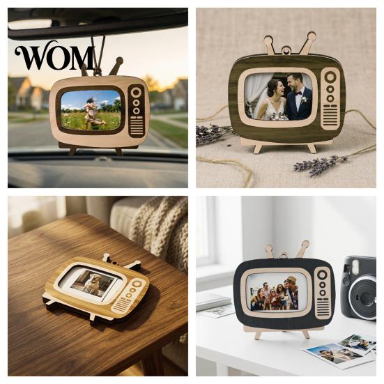 Wooden Picture Holder TV Photo Frame, 2 in 1 Desktop Display & Car Nostalgic Home Decoration Rearview Mirror Ornament, Vintage Memorial Holder, Unique