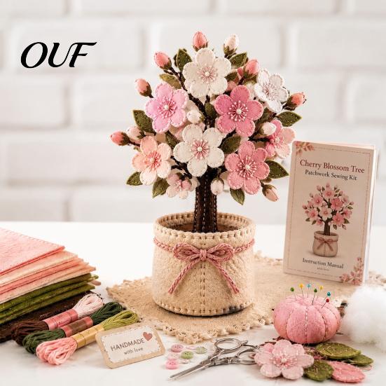 Potted Plant Craft Project Patchwork Kit, DIY Cherry Blossom 3D Set, Creative Hobby Kit for Adults Tree Hand Sewing Beginners Home Decor Handmade Gift