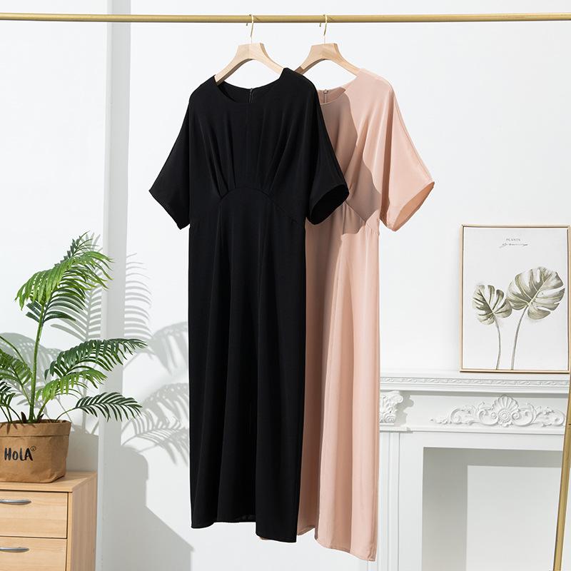 Women's Short Sleeve Real Silk Dress - Loose Fit, Solid Color, Round Neck, Long Length