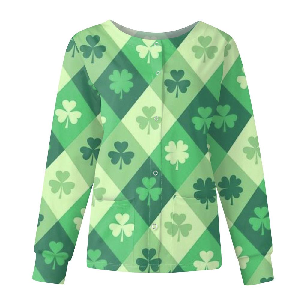 Женская мода с длинным рукавом и воротником-стойкой, однобортная, с принтом ко Дню Святого Патрика