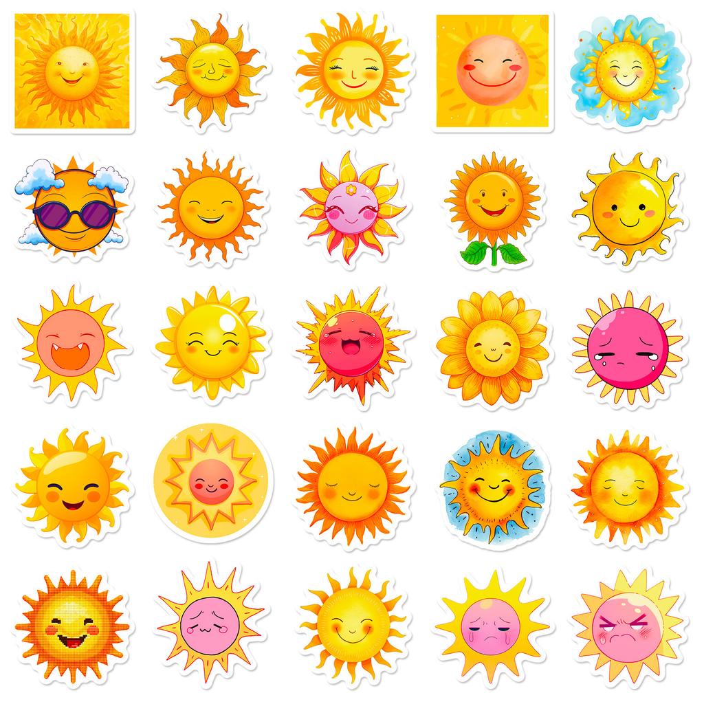 50 Cartoon Sun Stickers Doodle Sun Emoticon Pack Cute Smiling Face Personalized Children's Stickers
