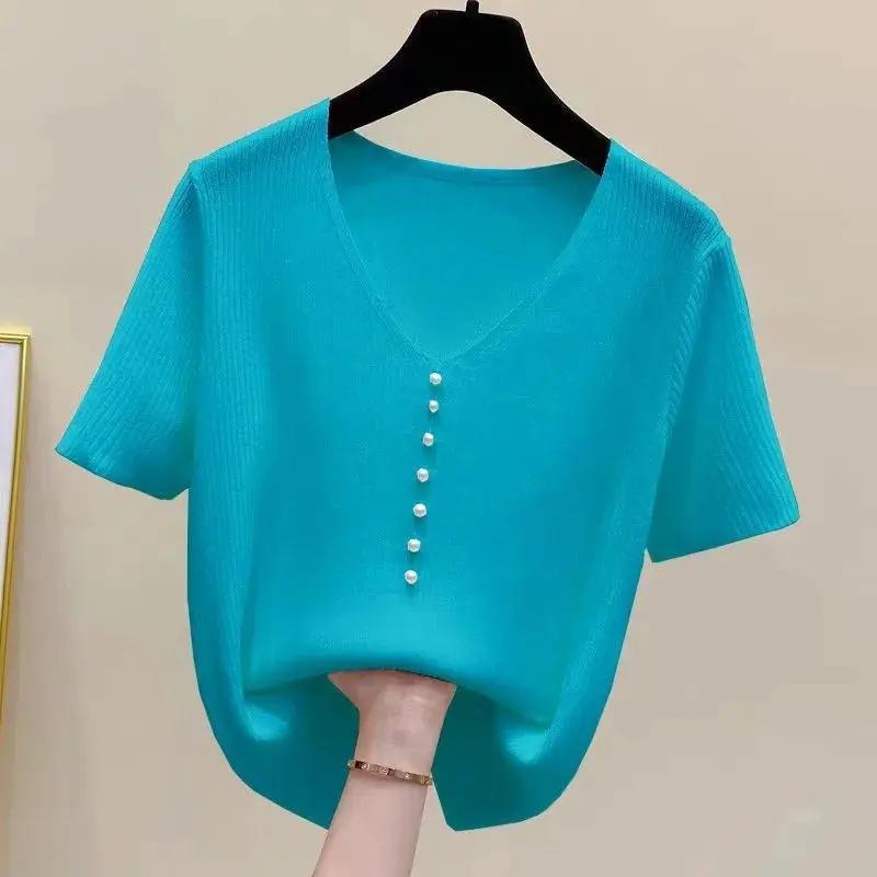 Женский вязаный топ с V-образным вырезом, короткий рукав, пуговицы-жемчужины, повседневная свободная блузка