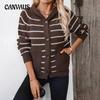 Women's Hooded Knit Loose Pocket Striped Cardigan Sweater