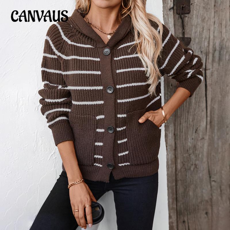Women's Hooded Knit Loose Pocket Striped Cardigan Sweater