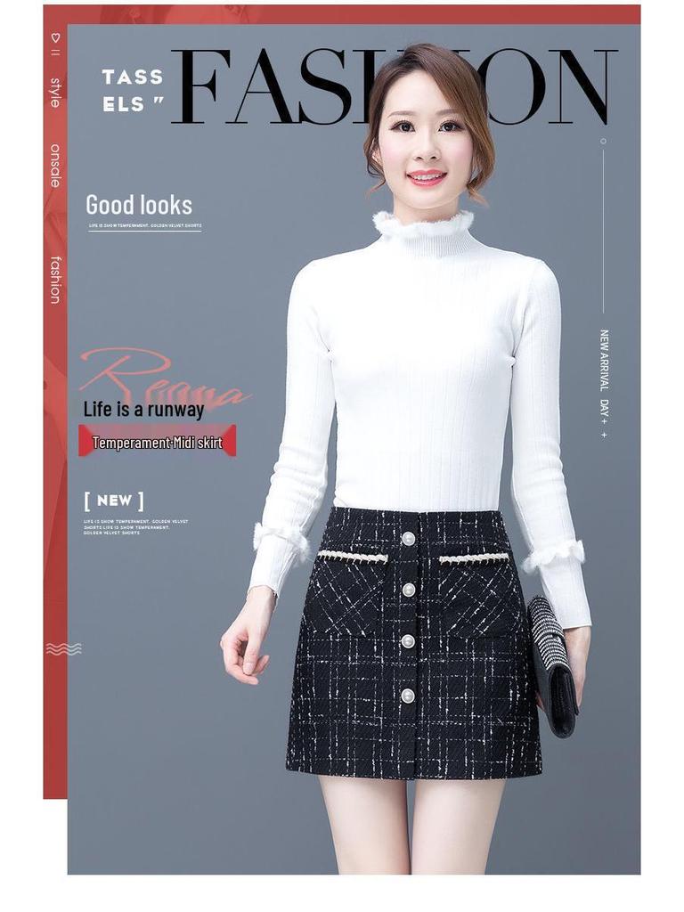 2025 Юбка А-силуэта из твида в клетку с высокой талией в корейском стиле для женщин - Осенне-зимняя короткая приталенная юбка