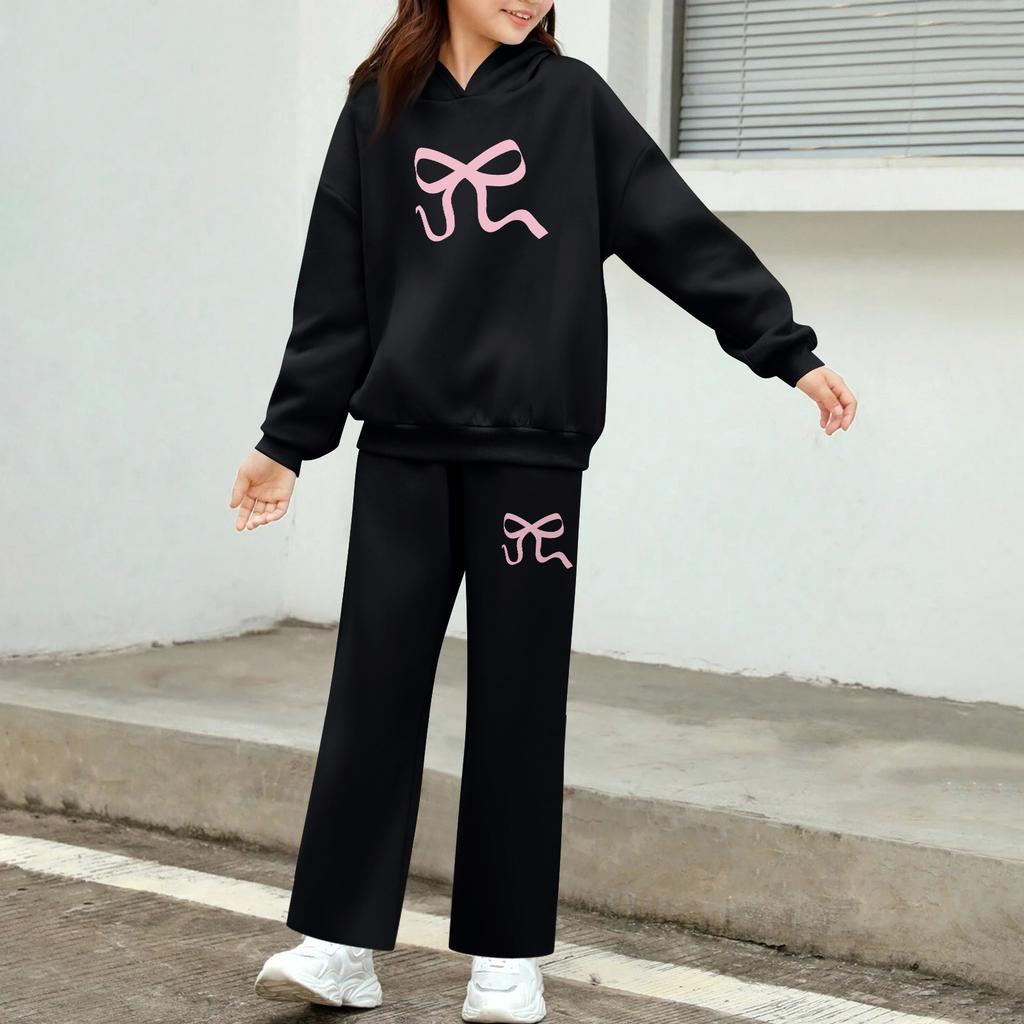 Kids' Plush Long Sleeve Long Pants Loose Pullover Bow Print Hoodie Set