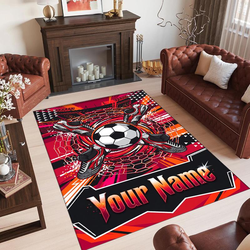 Soccer Theme Crystal Velvet Floor Rug Personalized Custom Name Text Warm Carpet Home Decoration