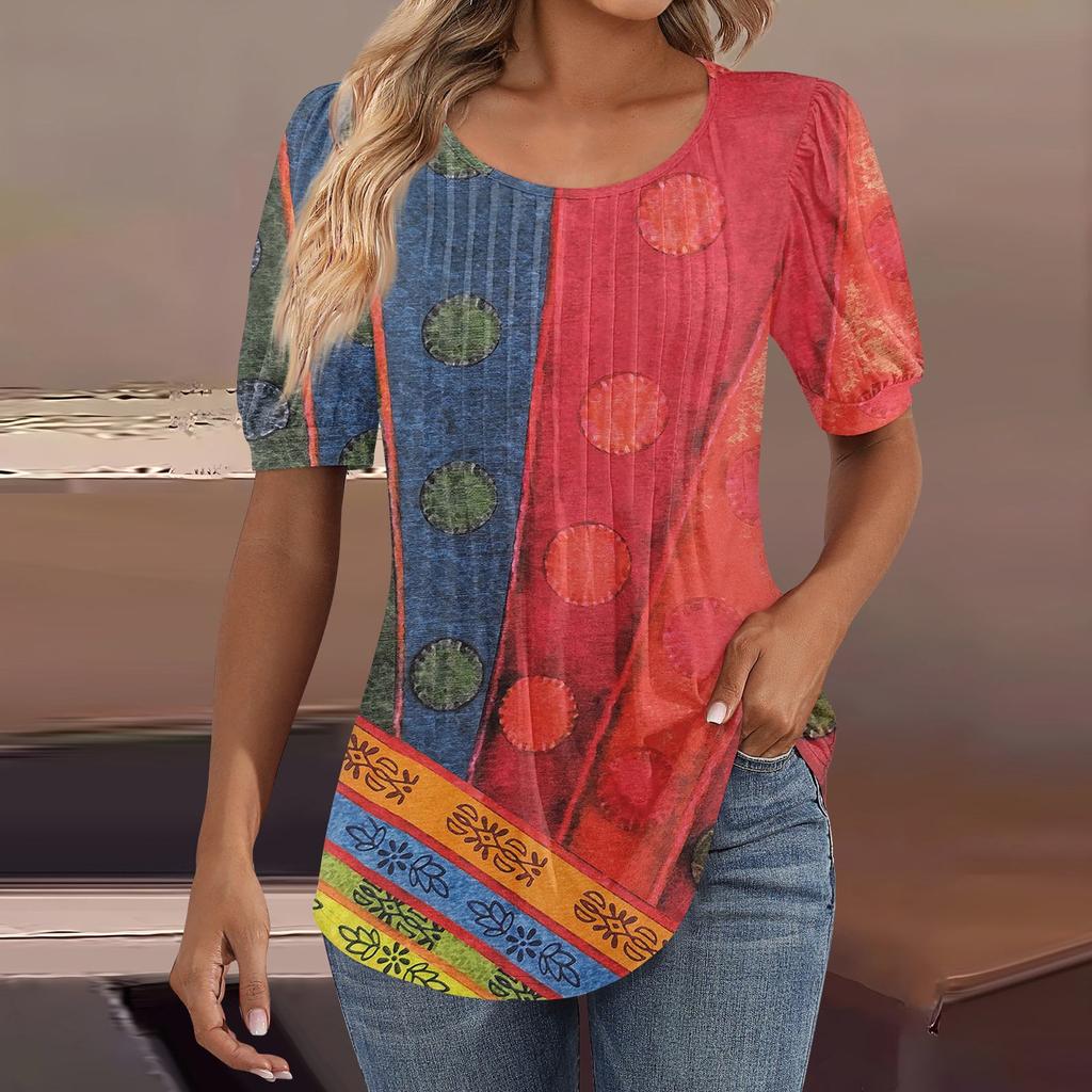 Женские пышные туники с короткими рукавами, топы, плиссированные блузки с воротником, повседневные свободные весенне-летние футболки