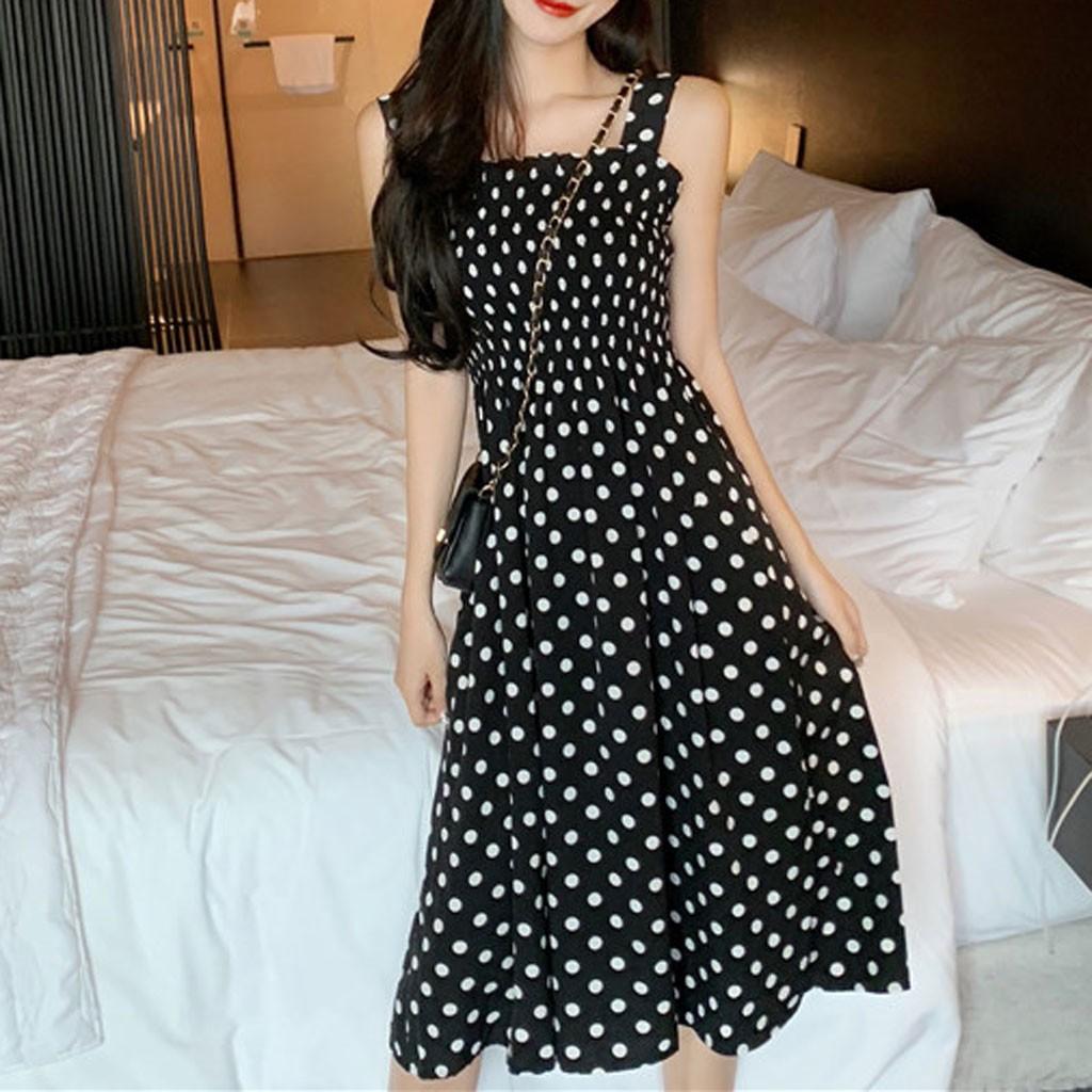 Fashion Women Loose None Sleeve Polka Dot Shouldder Plus Size Casual Dress