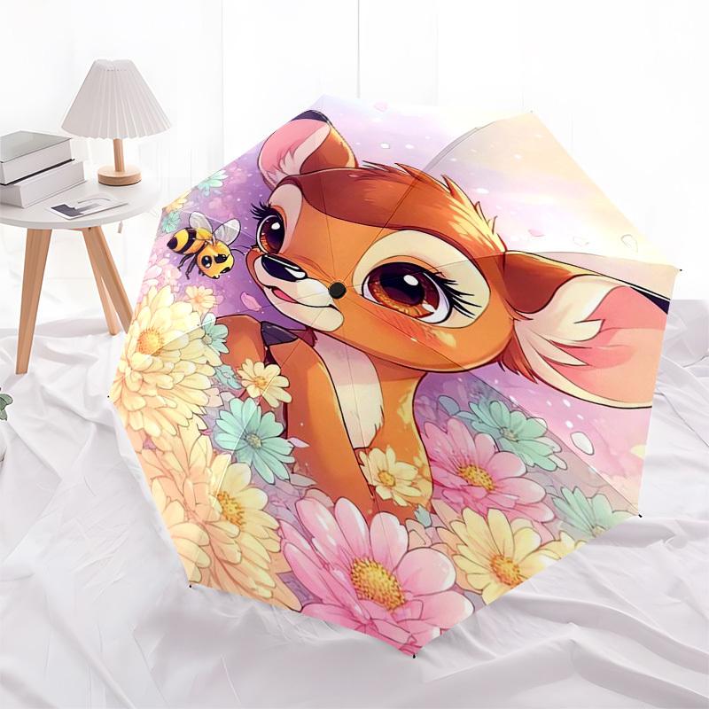 1pc Bambi and Bee in Flower Field Umbrella with Plastic Handle,Suitable for All Seasons Home Travel Outdoor Umbrellaptys31083