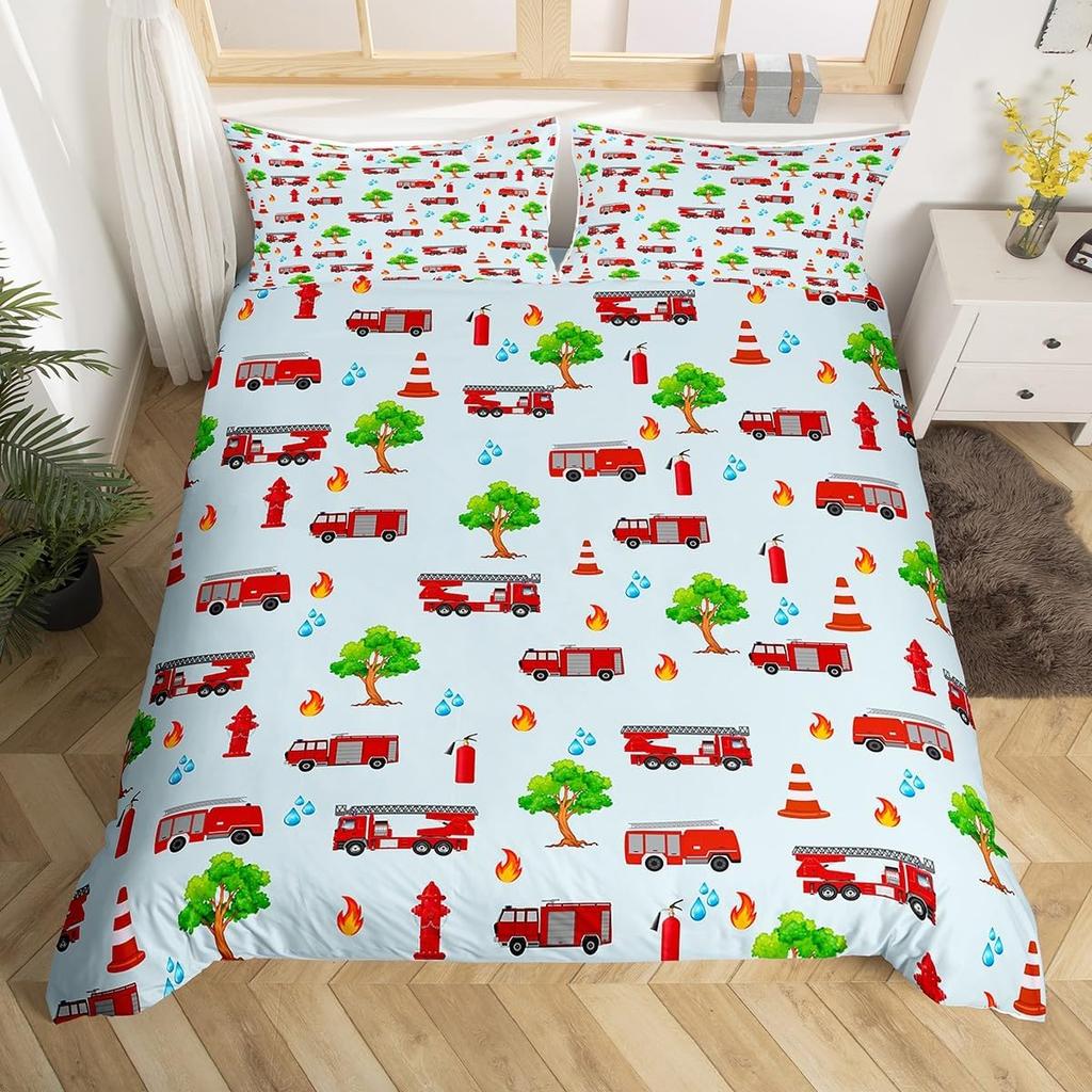 Fire Truck Duvet Cover Twin Queen Size,Kids Cute Car Road Traffic Print Comforter Cover Cartoon City Map Firefighter Bedding Set