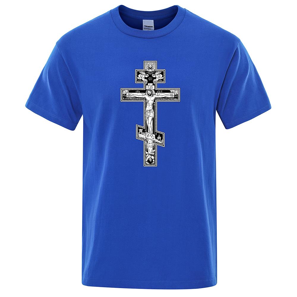 Gothic Dark Style Orthodox Cross Jesus Little Angel Male Clothing Fashion Cotton Loose Tshirt Pattern Summer Clothes