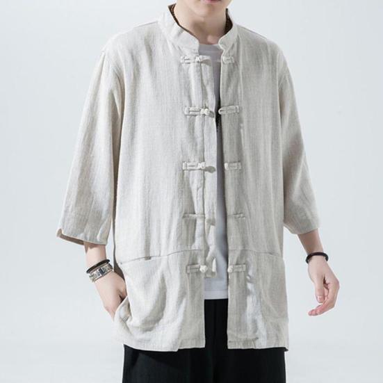 Мужская рубашка в китайском стиле, свободная рубашка в стиле ретро на пуговицах с карманами, хлопковая льняная дышащая летняя рубашка для уличных вечеринок и путешествий
