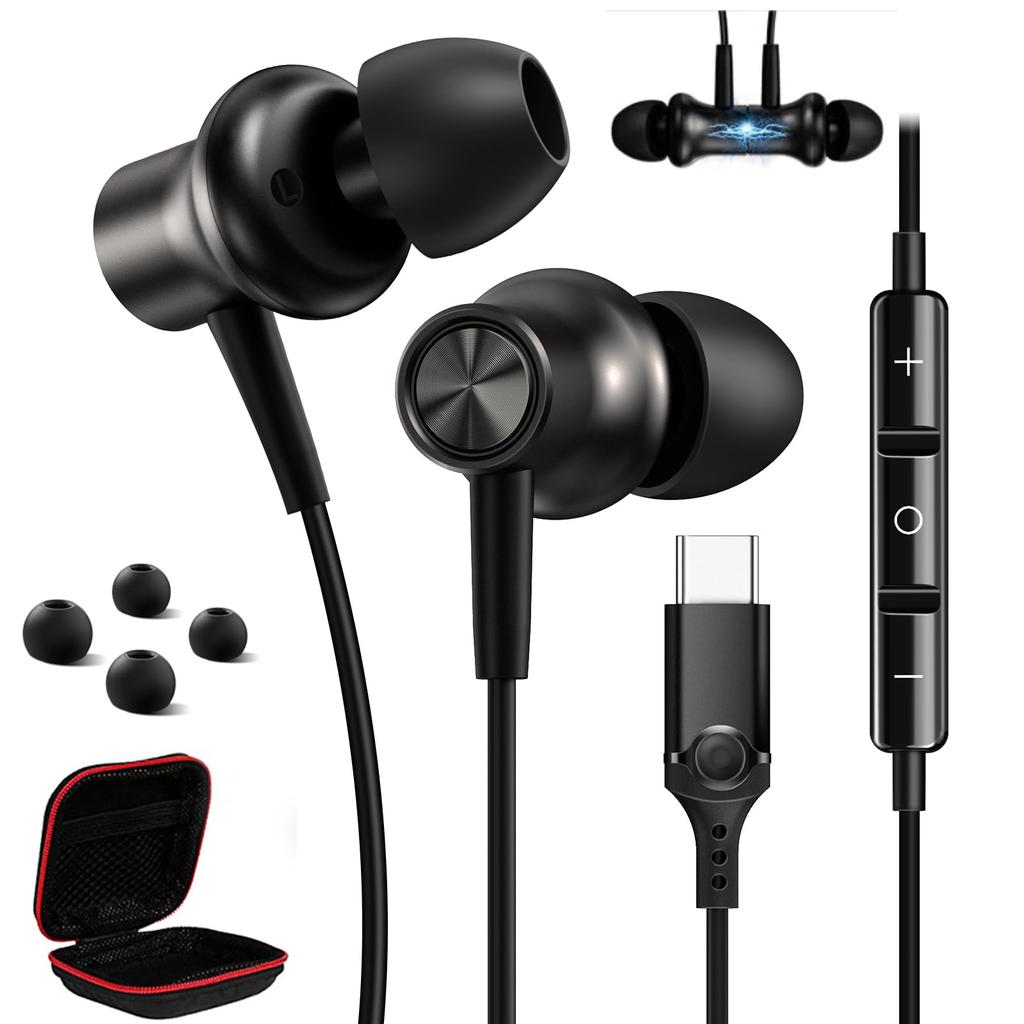 HGCXING USB C Headphones for Samsung S25 S24 FE Galaxy Tab S10 Magnetic HiFi Type C Earphones Noise Canceling Earphones with Mic Control for iPhone