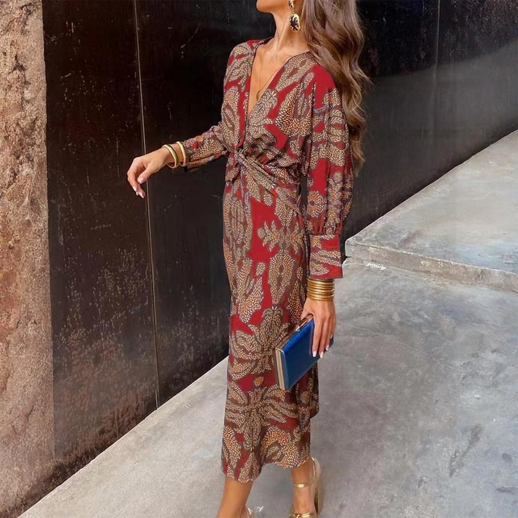 Ladies' Loose Comfortable Fashionable Casual Floral Print Long Sleeved Long Dress V-neck Dress