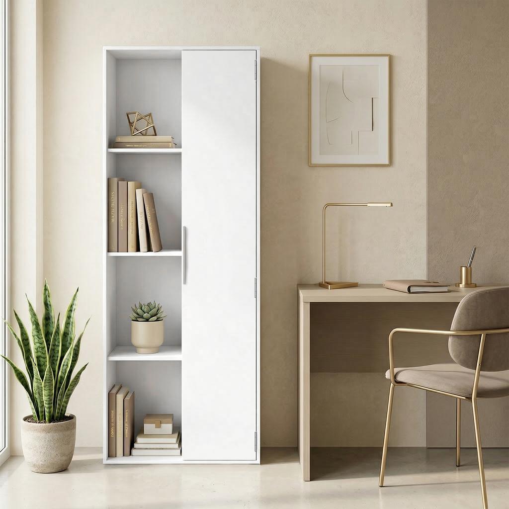 4-Tier Bookshelf with Adjustable Shelves, Shelf with Cabinet and Doors for Living Room, Study, White