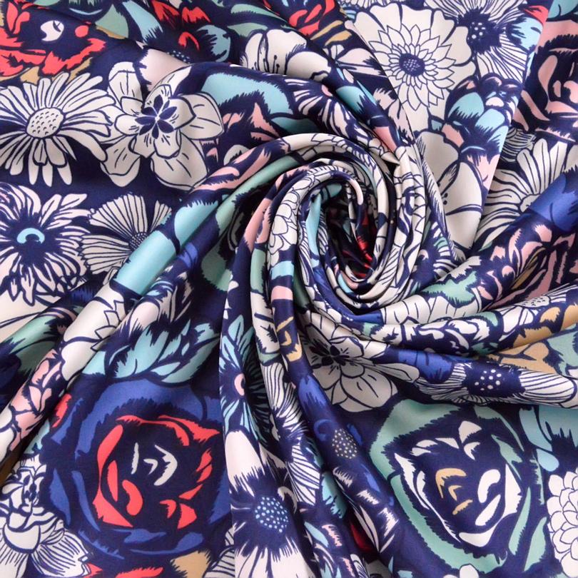 Ladies Daisy Large Square Scarves New 90*90cm Spring Autumn Matt Satin Scarves Fashion Accessories Navy Blue Silk Scarf