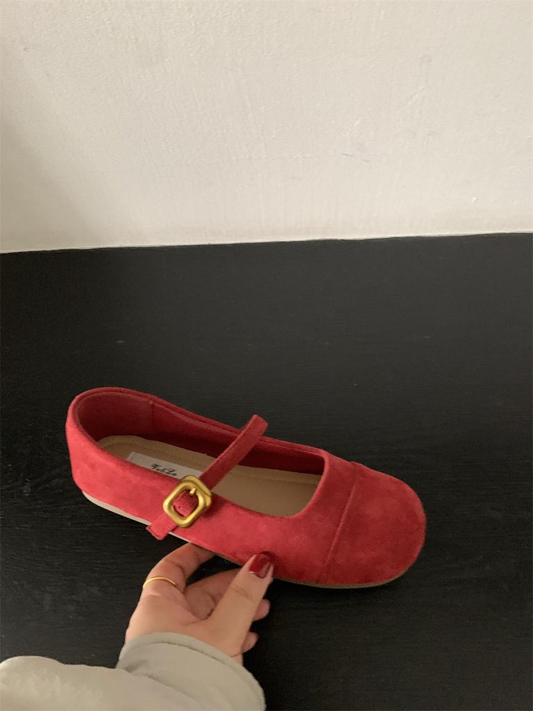Light Mouth Red Single Shoes Female Spring and Autumn New French Retro Gentle Fairy Suede Mary Jane Shoes Flat Beanie Shoes