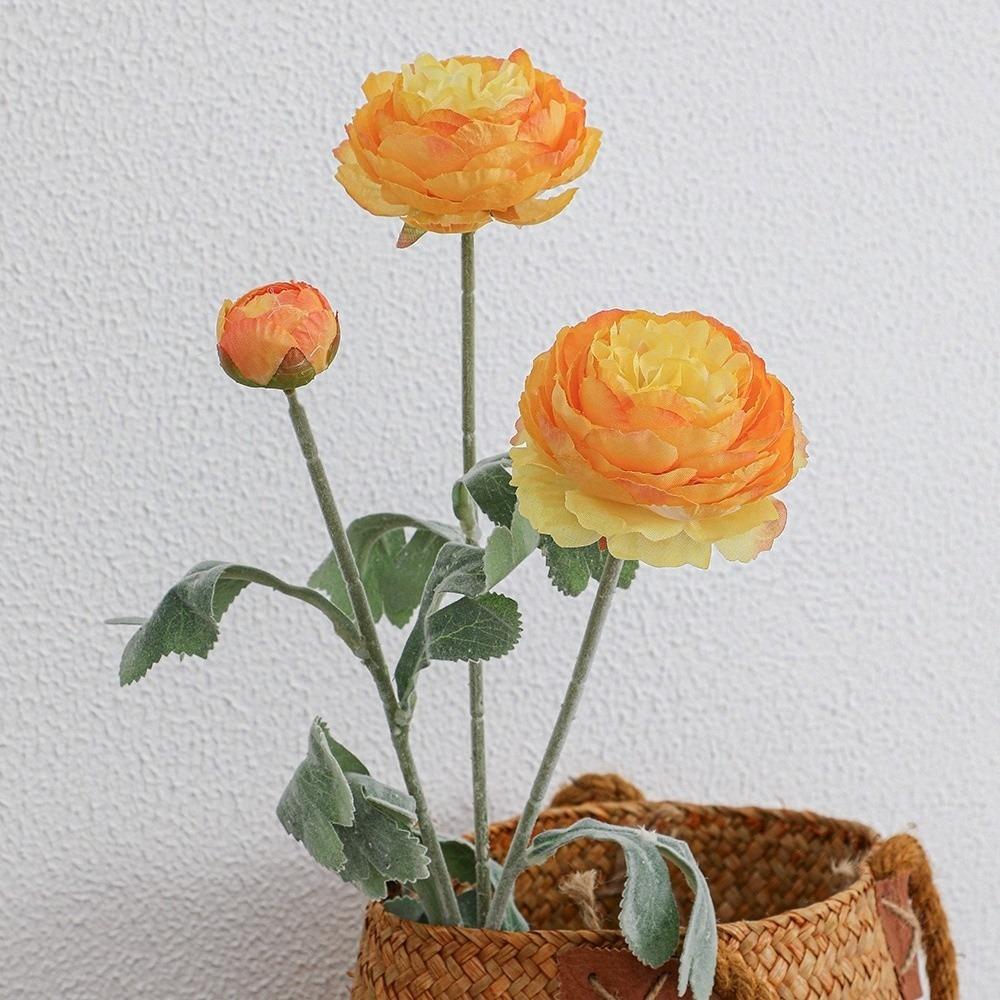 3 Heads Artificial Ranunculus Flower Flocked Leaf Multi-Color Silk Fake Flower Stem Long Stem Realistic Bloom Fake Floral Stem