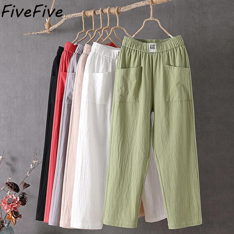 Summer Cotton Line Pants Women Loose Elastic Waist Cropped Trousers Woman Big Pocket Lace Up Casual Pants Plus Size