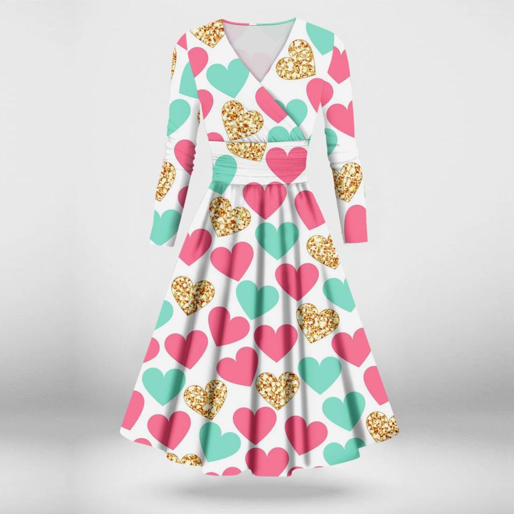 Женская мода повседневное сексуальное платье с длинным рукавом и v-образным вырезом с принтом ко Дню святого Валентина