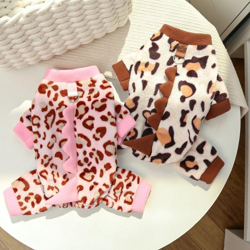 Thickened Leopard Print Dinosaur Dog Jumpsuit with D-Ring Dog Towing Suit Dog Coat Outdoor Wear