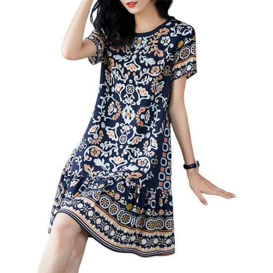 Летнее женское платье с круглым вырезом и половиной рукавов в стиле ретро с принтом трапециевидной формы с большим подолом длиной до колена, свободное повседневное повседневное платье миди для отдыха