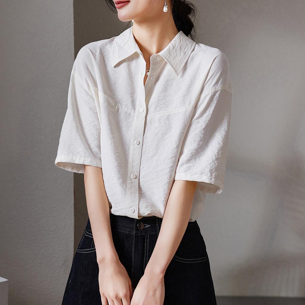 Wrinkled mulberry silk short sleeved shirt for women in summer 2026, fashionable, loose, versatile, casual, solid color shirt