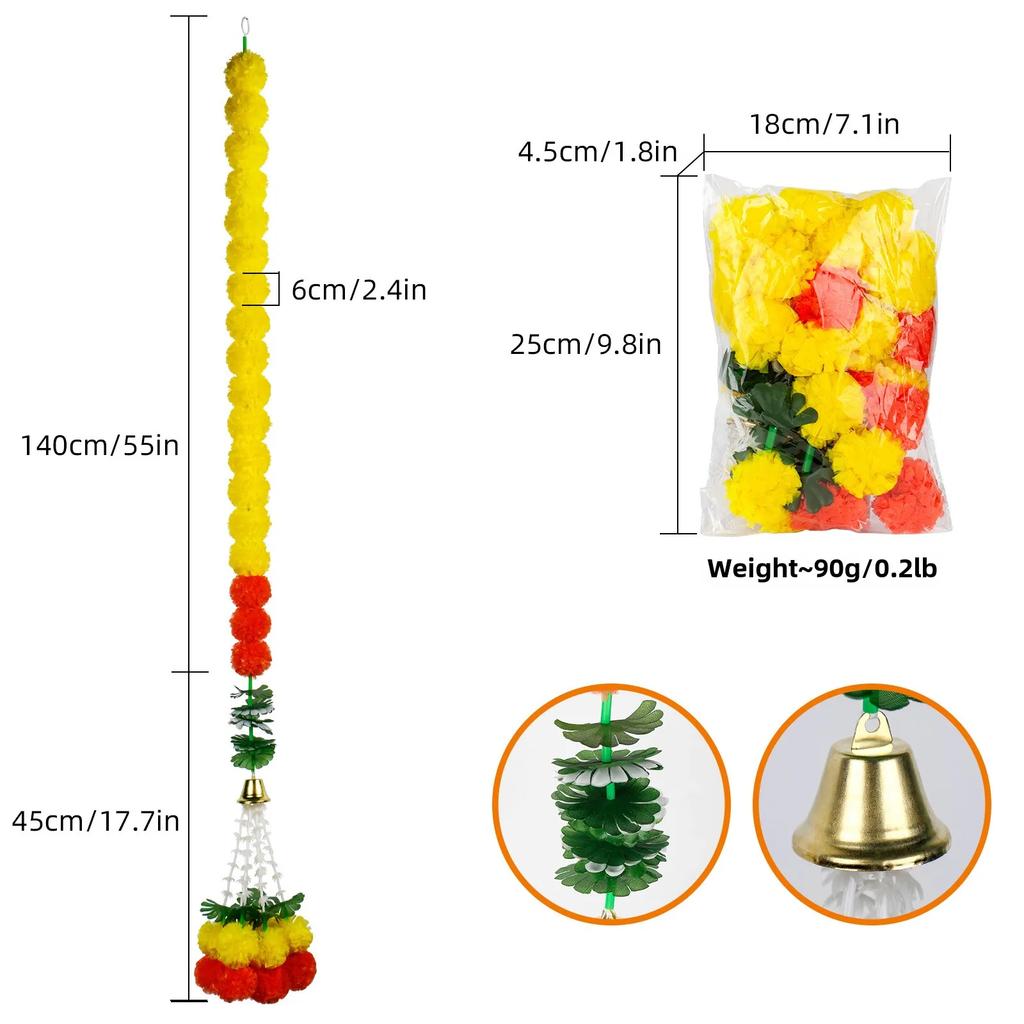 Artificial Marigold Flower Garland Plastic Wreath for Diwali Festival Mexican Day of The Dead Christmas Party Home Decoration