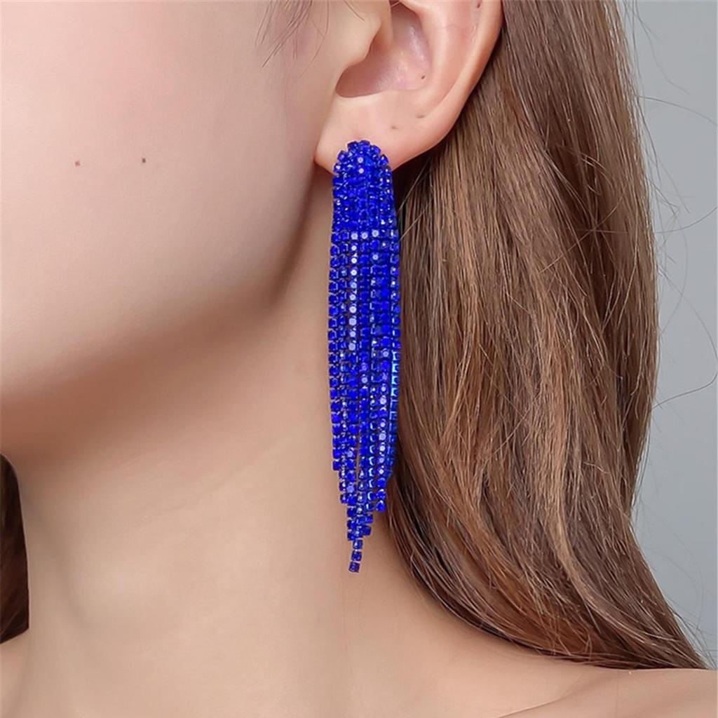 European & American Glam Rhinestone Tassel Long Earrings for Evening Events