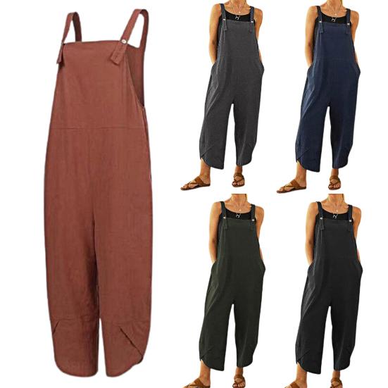 Fashion Jumpsuit Solid Color Loose Women Shoulder Strap Pockets Romper for Daily Wear